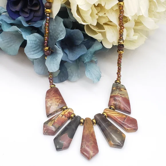 Handmade Red Creek Jasper Stone Bib Style Necklace Iridescent Glass Seed Beads - Picture 9 of 12